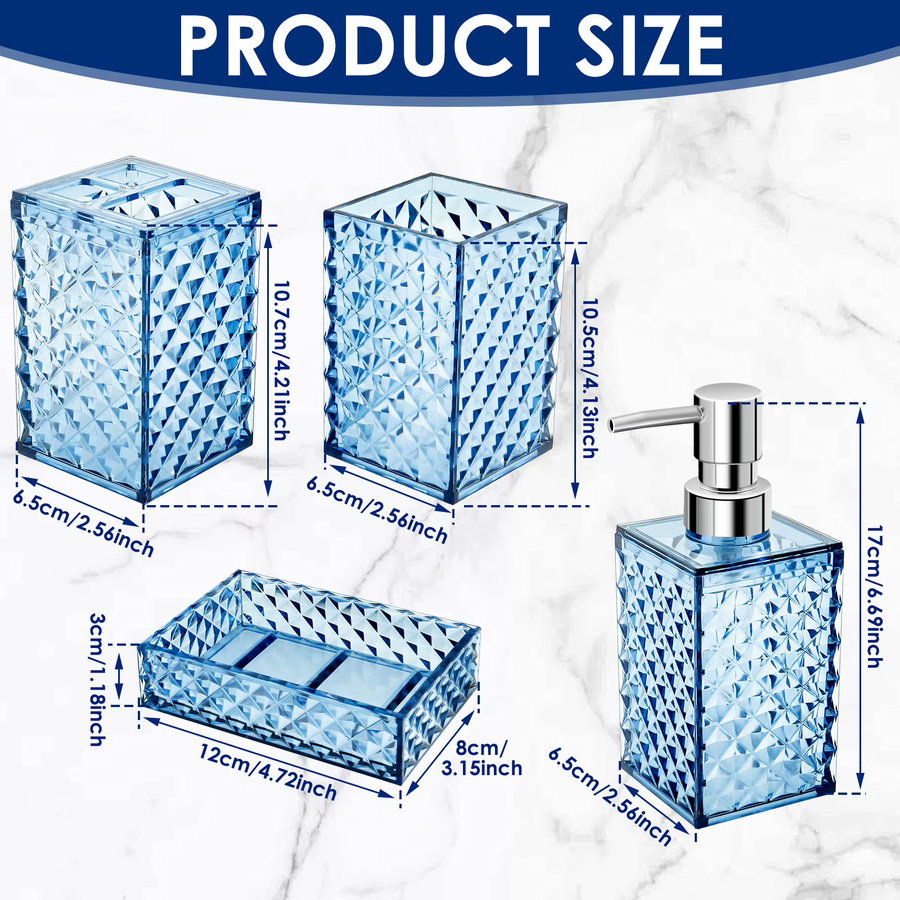 Willstar Badezimmer Zubehör Set 4-teilig mit Diamant Muster in Transparent Blau bestehend aus Seifenspender Zahnbürstenhalter Mundwasserbecher und Seifenschale - Bild 3