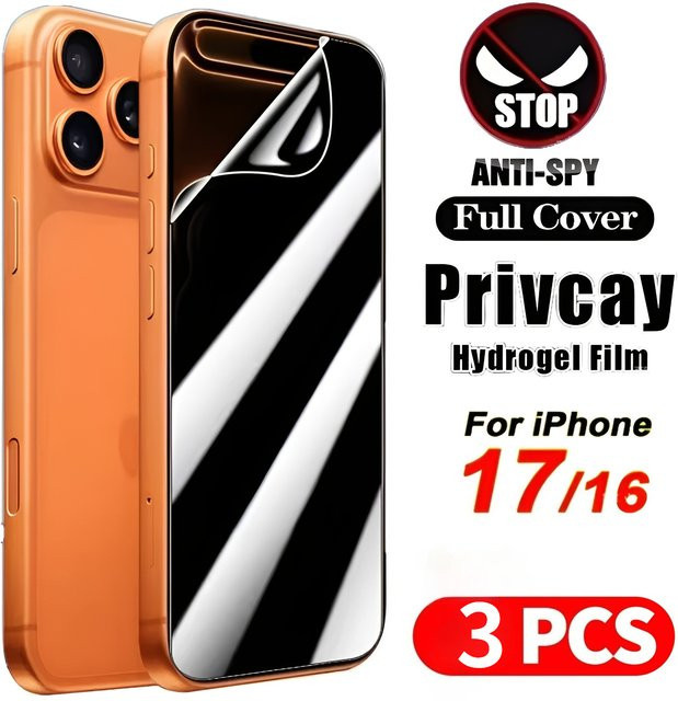3 Stück Privacy Hydrogel Displayschutzfolien kompatibel mit iPhone 17 Air, 17, 17 Pro, 17 Pro Max, 17 Plus, 16 Pro Max, 15, 14, 13, 12 in Schwarz und Transparent - Bild 1