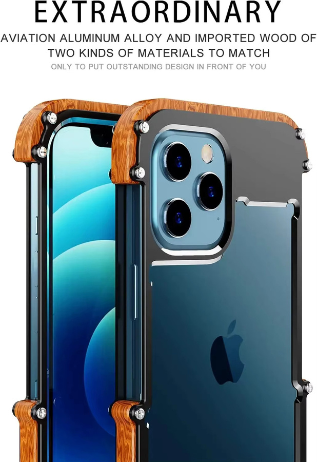 Stoßfeste Schutzhülle aus Aluminium und Holz für iPhone 13, 14, 15 und 16 Pro Max in Schwarz - Bild 3