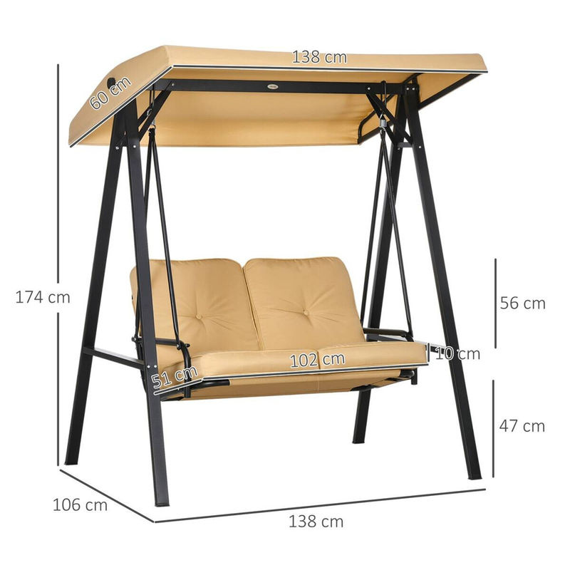 Outsunny Hollywoodschaukel beige aus Stahl mit Sonnen canopy und Kissen, B/H/L: 106 x 174 x 138 cm - Bild 5