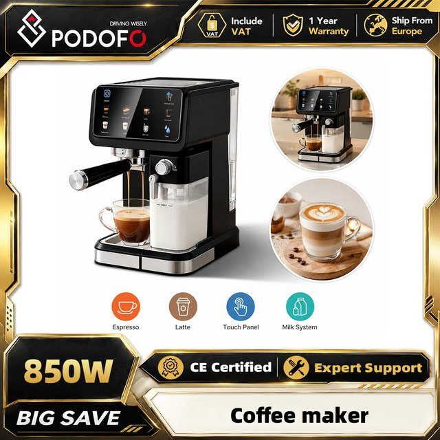 Podofo Espressomaschine mit 20 Bar und 1350W, All-in-One Kaffeemaschine mit integriertem Milchaufschäumsystem und Cold Brew Funktion, erhältlich in Weiß oder Schwarz - Bild 1