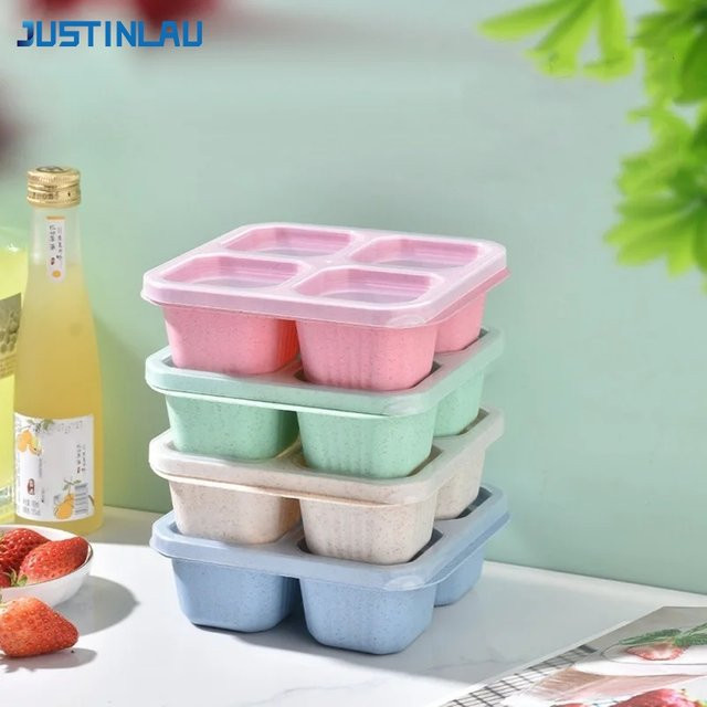 JUSTINLAU Bento-Box aus Weizenstroh mit 4 Fächern und Deckel, Lunchbox für Snacks und Gebäck, Farbe: Pink - Bild 1