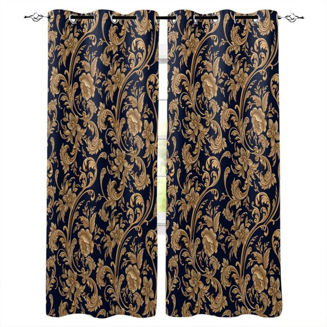 Barocke Vorhänge von Super Six mit goldenem Blumenmuster, semi-transparent, Farbe: Gold/Schwarz, B: 135 cm, H: 215 cm - Bild 1