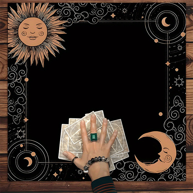 VIKAMA Altartuch Sonne-Mond-Motiv in Schwarz mit mystischem Astrologie- und Tarot-Design aus Polyester - Bild 1