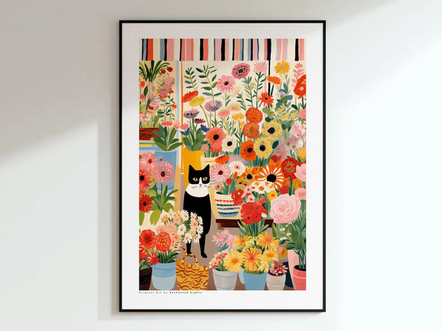 SHENCHEN Katzenposter mit floraler Illustration in Schwarz-Weiß und Multicolour als Wanddekoration aus Papier - Bild 1