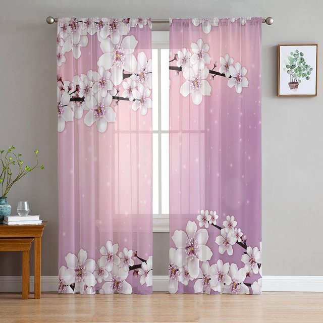 Transparente Tüll- und Voile-Gardine mit Kirschblüten-Baumzweig-Design von Household supplies MH, Breite: 135 cm, Höhe: 115 cm - Bild 1