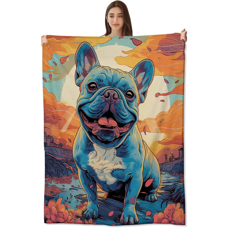 Weiche Flanell-Fleece-Überwurfdecke mit Französischer Bulldogge und Sonnenuntergangsmotiv, Mehrfarbig - Bild 3