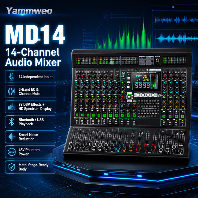 Yamnweo MD14 Professioneller 14-Kanal Bühnen-Audiomixer in Schwarz mit Bluetooth, USB-Aufnahme, 99 DSP-Digital-Reverb-Effekten, 3-Band-EQ und 9-Band-Master-Grafik - Bild 1