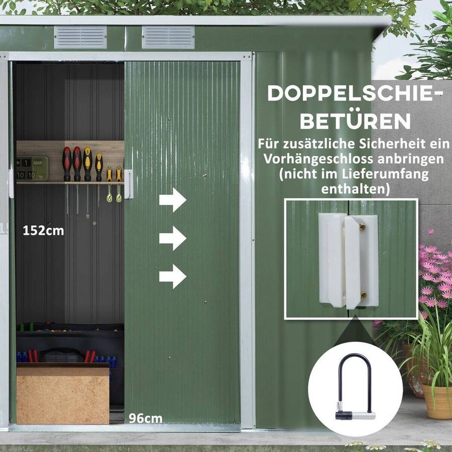 Outsunny Gartenhaus aus verzinktem Stahl in Grün mit Lüftungsfenster und Schiebetür, B/H/T: 130 x 173 x 213 cm - Bild 2