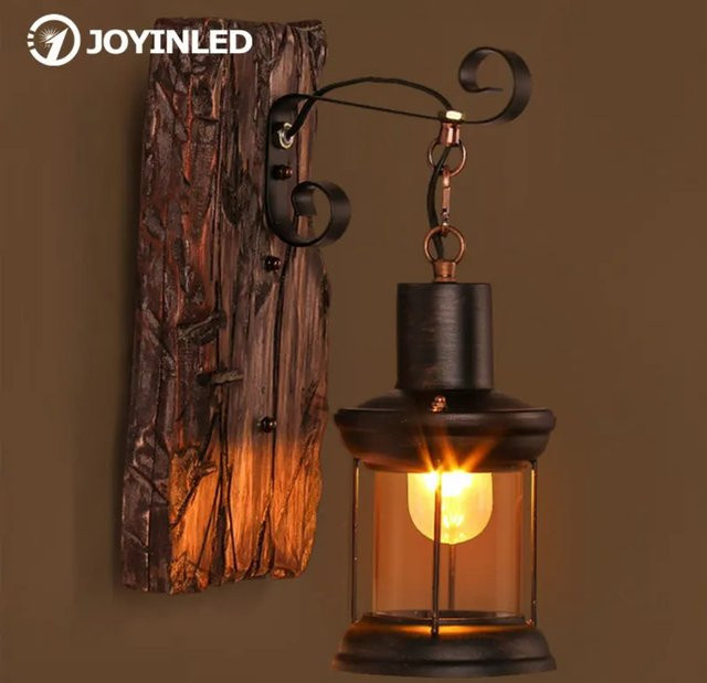 JOYINLED Vintage Wandleuchte im Industrie-Design aus Holz und Glas in Schwarz mit transparentem Glas für Garten, Restaurant und Schlafzimmer - Bild 1