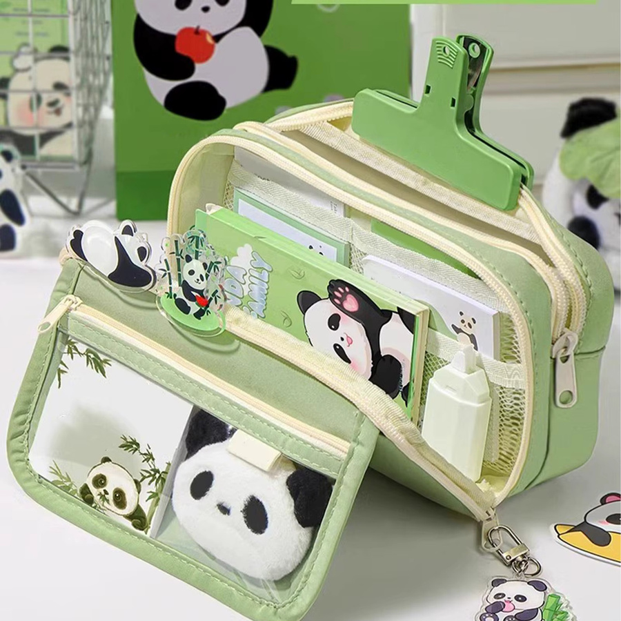 Niedriges Panda Federmäppchen mit Reißverschluss in Grün aus Textil - Bild 2