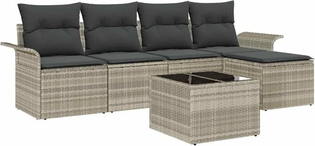 vidaXL Garten-Sofa-Set aus Polyrattan in Hellgrau mit 6 Teilen und Kissen - Bild 1