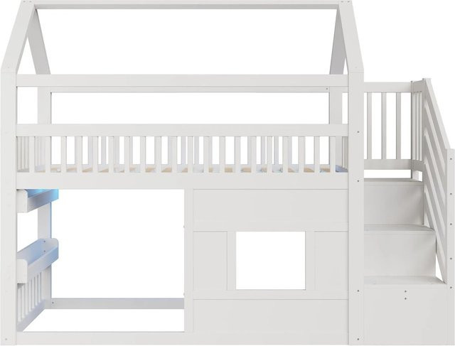 Merax Hausbett für Kinder aus Holz mit Treppe, LED-Unterbettbeleuchtung und Regalfächern, Weiß, B/T/H: 90 x 200 x 120 cm - Bild 1