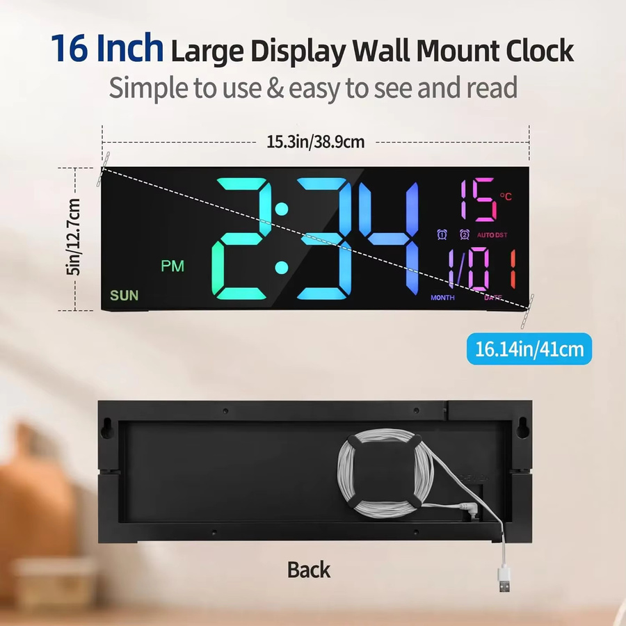 WOKLOK Digitale LED Wanduhr mit Fernbedienung, 41,15 cm große digitale Uhr in Schwarz mit 8 RGB-Farben und Doppelalarm - Bild 2