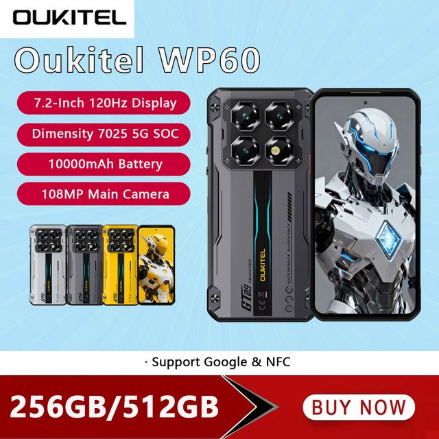 OUKITEL WP60 5G Robustes Smartphone in Schwarz mit Android 15, 7,2 Zoll HD Display, 108 MP Kamera, 10000 mAh Akku und NFC - Bild 1