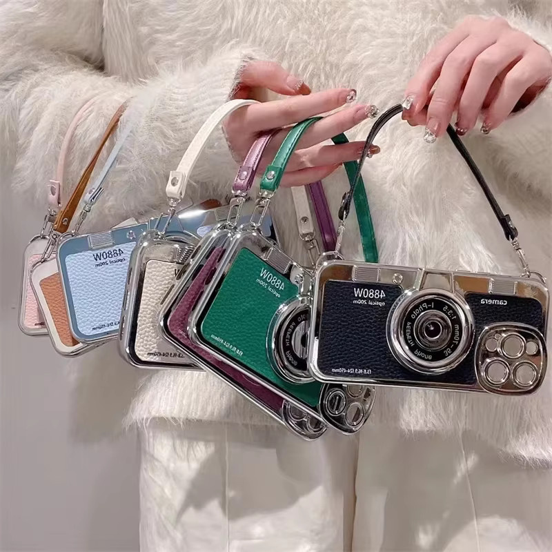 Retro-Kamera Handyhülle aus weichem TPU für iPhone 11 12 13 14 15 16 Pro Max Plus mit Umhängeband in Braun - Bild 3