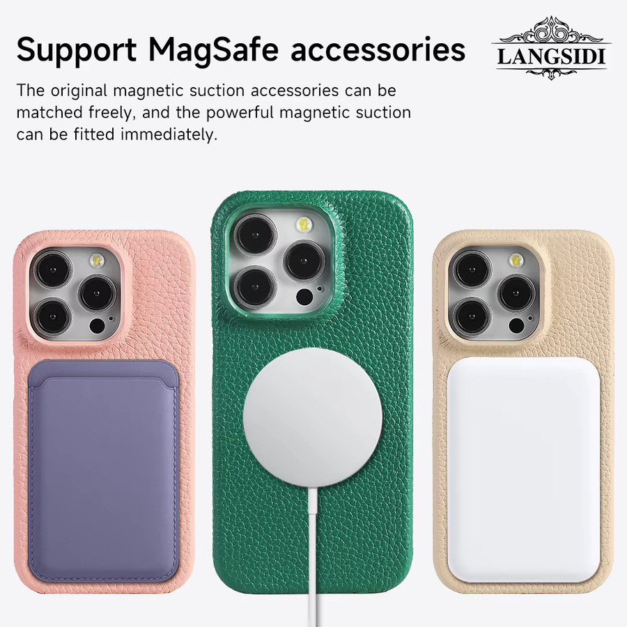 LANGSIDI MagSafe Handyhülle aus natürlichem Rindsleder mit Lychee-Struktur für iPhone 18 17 16 Pro Max 15 und Air 17Pro in Beige und Orange - Bild 3