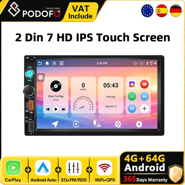 Podofo 7 Zoll 2-DIN Universal Android Autoradio MP5 Multimedia-Player mit kabellosem CarPlay, Android Auto, GPS, WLAN und Bluetooth in Schwarz - Bild 1