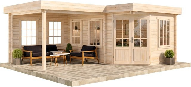 Alpholz Gartenhaus Set Pepe 5-Eck aus imprägnierter Pinie in Beige und Braun inklusive Dacheindeckung und Fußboden B/T/H: 618 x 462 cm - Bild 1