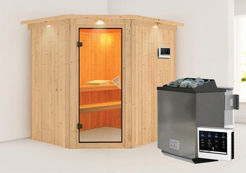 Karibu Sauna Maardu Bio-Kombi-Sauna für 3 Personen mit 9 kW Bio-Kombi-Saunaofen und externer Steuerung, beige, B/T/H: 202 x 184 x 210 cm - Bild 1