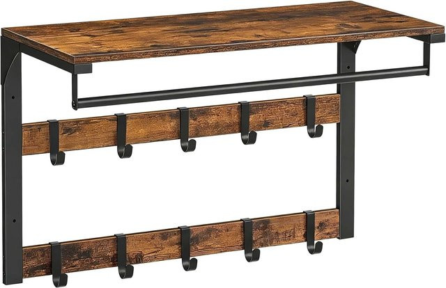 Relaxdays Wandgarderobe im Industrial Design aus MDF und Metall, Farbe Vintagebraun und Schwarz, mit Ablage und 10 Haken, Breite: 65 cm, Höhe: 30 cm, Tiefe: 42 cm - Bild 1