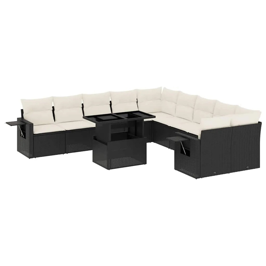 vidaXL 11-tlg. Garten-Sofagarnitur in L-Form aus Poly-Rattan mit Kissen, Schwarz-Creme - Bild 2