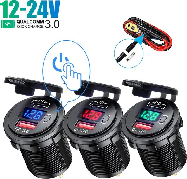 Kebidumei Dual USB Schnellladegerät mit QC3.0 und Voltmeter, 12V/24V Steckdosenadapter in Schwarz - Bild 1