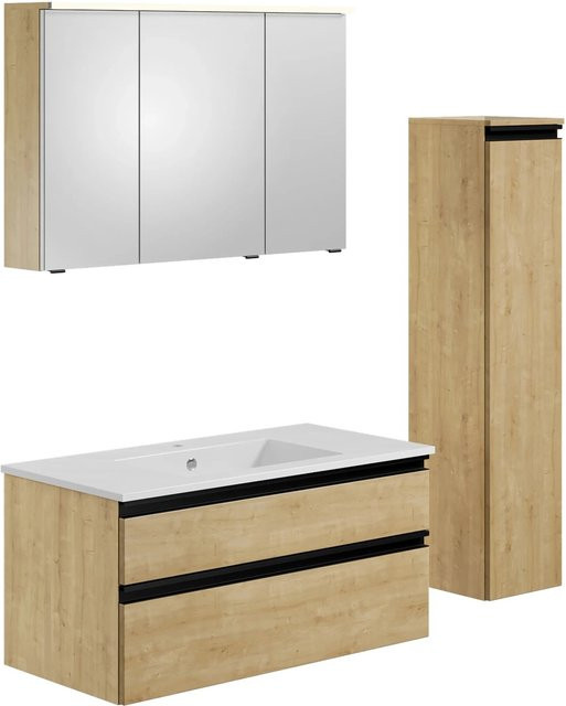 Schöner Wohnen Badmöbel-Set Stockholm 6-teilig in Eiche Natur mit Mineralgusswaschtisch und Spiegelschrank - Bild 1