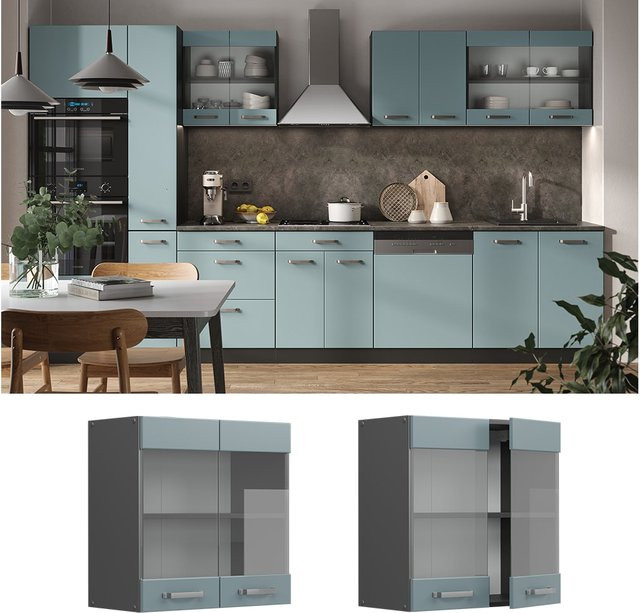 Vicco R-Line Glashängeschrank Küchenschrank mit 2 Glastüren in Blau-Grau/Anthrazit, Breite: 60 cm - Bild 1