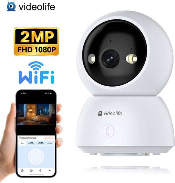 VIDEOLIFE FHD WLAN-Heimsicherheitskamera in Weiß mit Personenerkennung, automatischer Bewegungsverfolgung und Ein-Klick-Anruffunktion zur Innenüberwachung - Bild 1