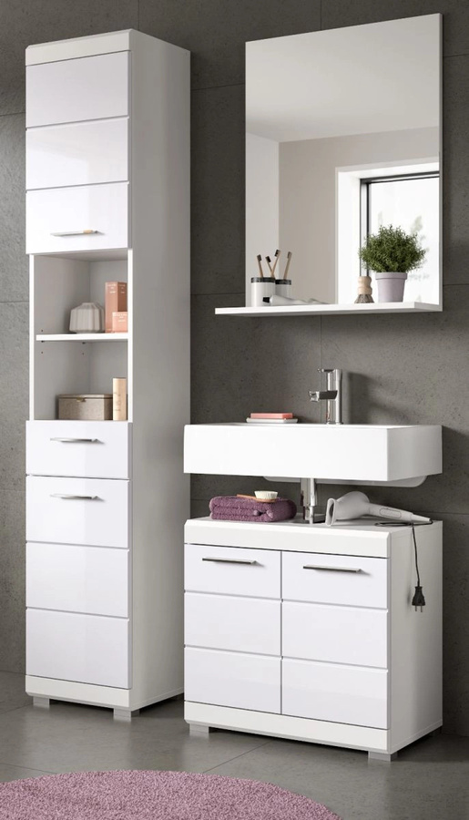 Inn.Furn Badmöbel Set Shawn 3-teilig in Weiß Hochglanz mit Waschtischunterschrank, Spiegelschrank und Hochschrank, Breite: 112 cm - Bild 1