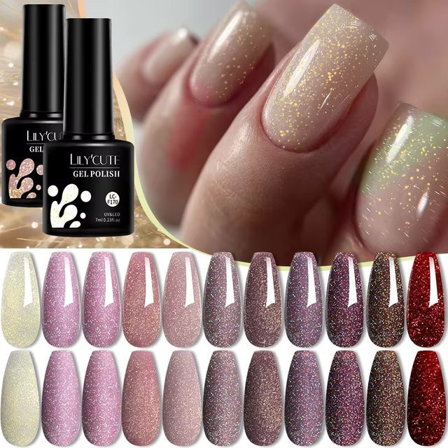 LILYCUTE Gold Aurora Glitter Gel Nagellack, Nude, Glänzend - Bild 1