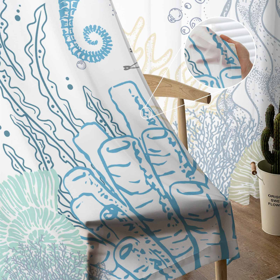 Transparente Tüll-Voile-Organza-Vorhänge von Household supplies mit Meereskorallen, Seesternen und Muscheln, Farbe: Transparent, B: 135 cm, H: 115 cm - Bild 2