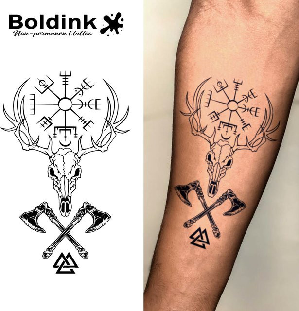 BOLDINK Nordischer Hirschkopf-Runen-Tattoo-Aufkleber, wasserdicht - Bild 1