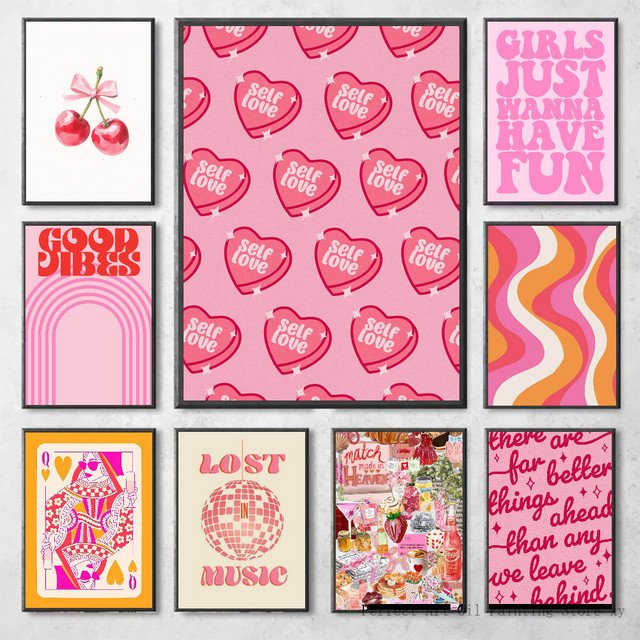 Potdemiel Bauhaus Wandkunst Leinwanddruck Rosa Liebesherz und Spielkarten Poster - Bild 1