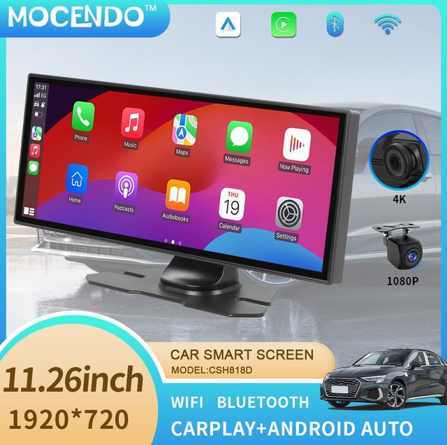 MOCENDO Autoradio mit 11,26 Zoll IPS Touchscreen, CarPlay und Android Auto, Multimedia Video Player in Schwarz mit AUX, USB und Rückfahrkamera - Bild 1
