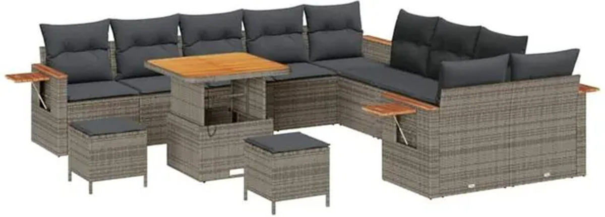 vidaXL Garten-Sofa-Set aus Polyrattan mit 13-teiligem Kissen-Set in Grau und Braun, Modernes Loungemöbel aus Polyrattan, Stahl und Akazie, B/T/H: 80 x 80 x 71 cm - Bild 1