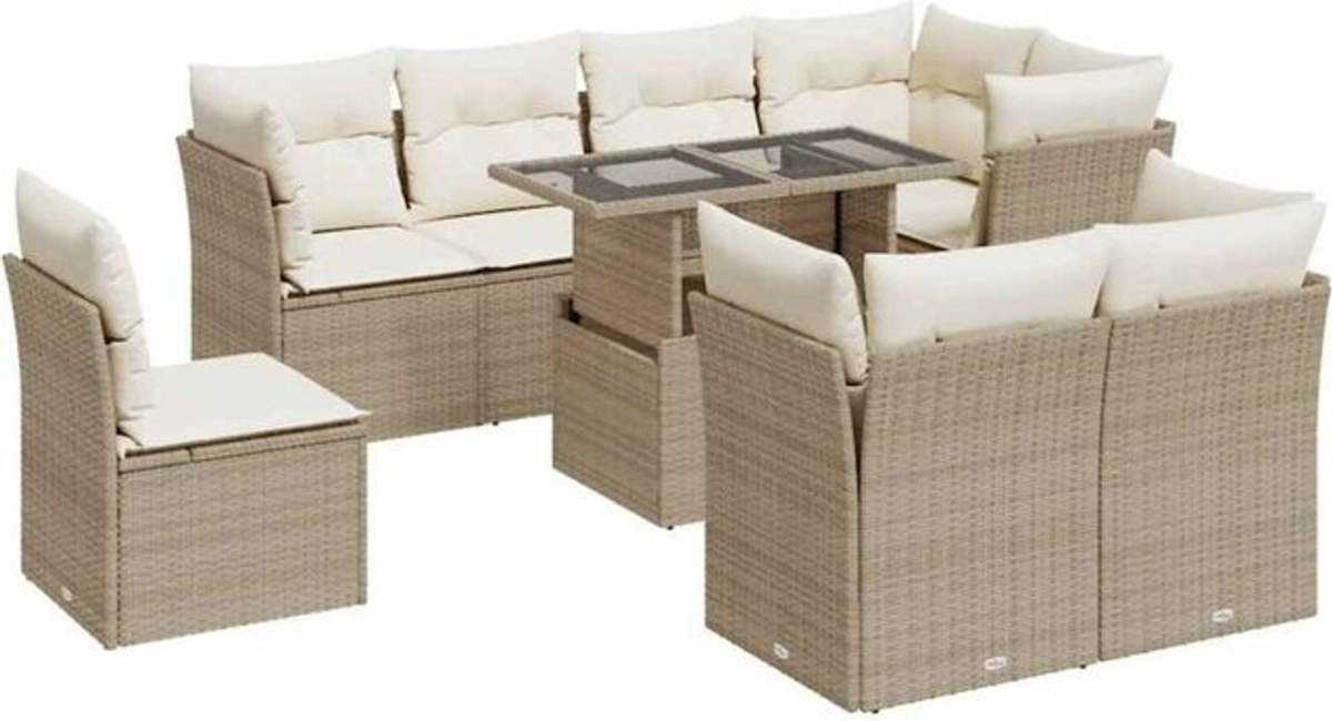 9-teilige Garten-Sofagarnitur mit Kissen aus Polyrattan in Beige von vidaxl - Bild 1