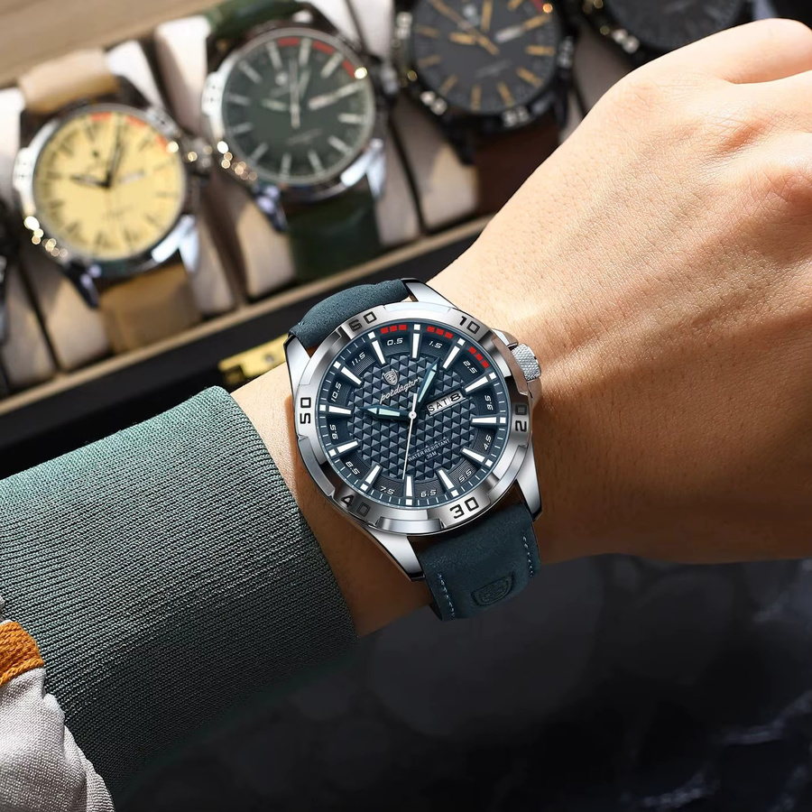 POEDAGAR Armbanduhr Quarz, Leder, Schwarz, Herren, Datum, Wochentag - Bild 5