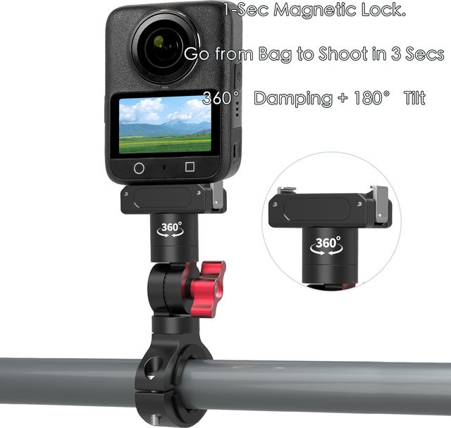 Magnetische Motorrad Kamera Halterung aus Aluminium für Fahrrad Lenker, kompatibel mit DJI Osmo Action 5 Pro 4 3 2, GoPro und Insta360, Farbe: Schwarz - Bild 1