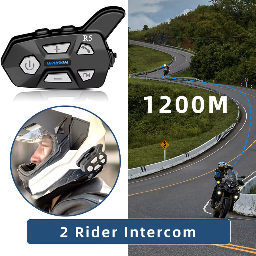 WAYXIN R5 Motorrad-Gegensprechanlage mit Bluetooth 5.0, FM-Radio und wasserdichtem Helm-Headset in Schwarz für 2 Fahrer - Bild 3