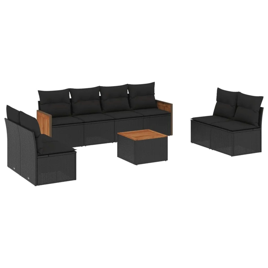 vidaXL 9-teilige Garten-Sofagarnitur aus Poly-Rattan und Akazienholz in Schwarz mit Kissen - Bild 2