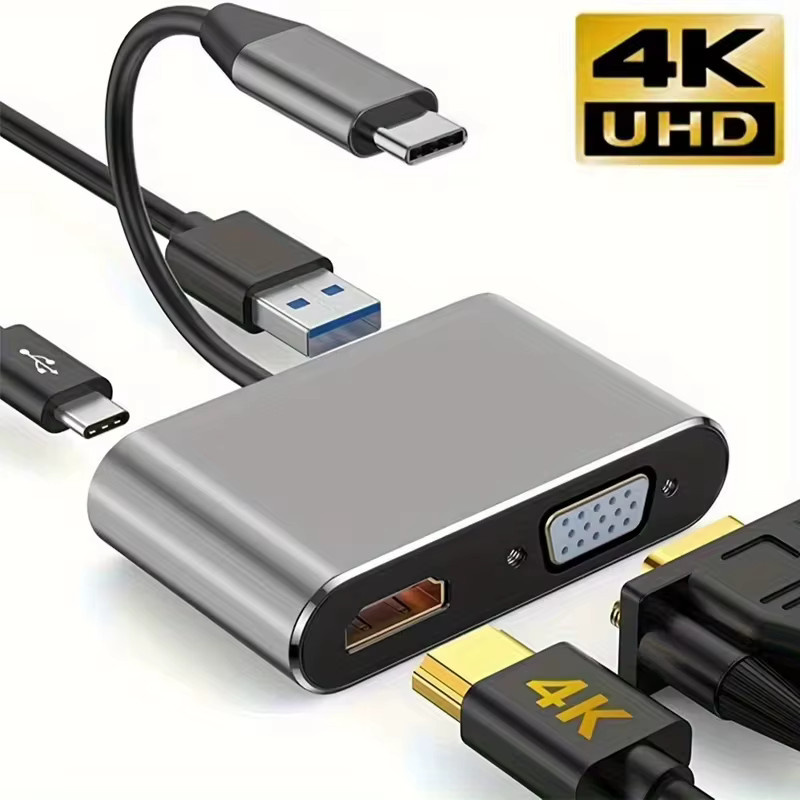 4-in-1 USB-C Multiport-Hub-Adapter Dockingstation in Grau mit 4K HDMI, VGA und 100W PD Schnellladung für MacBook Pro Air und Laptops - Bild 2