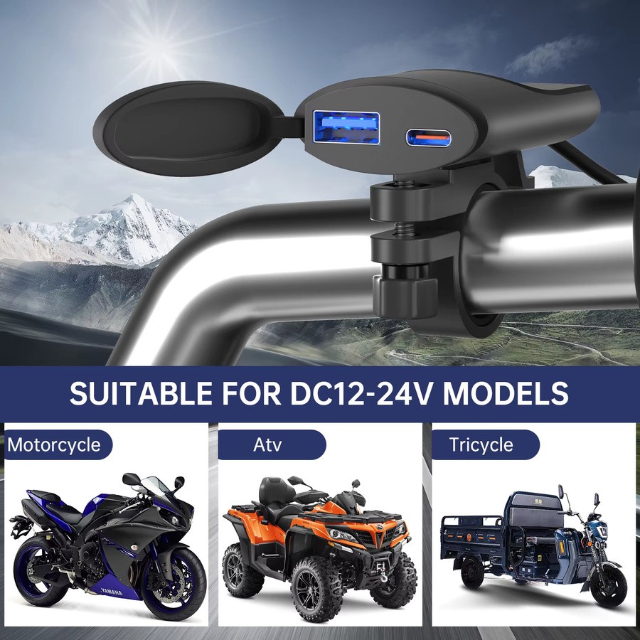 Wasserdichtes USB Motorrad Ladegerät mit Typ-C Buchse und Lenker Montagehalterung für 12V/24V in Schwarz - Bild 2