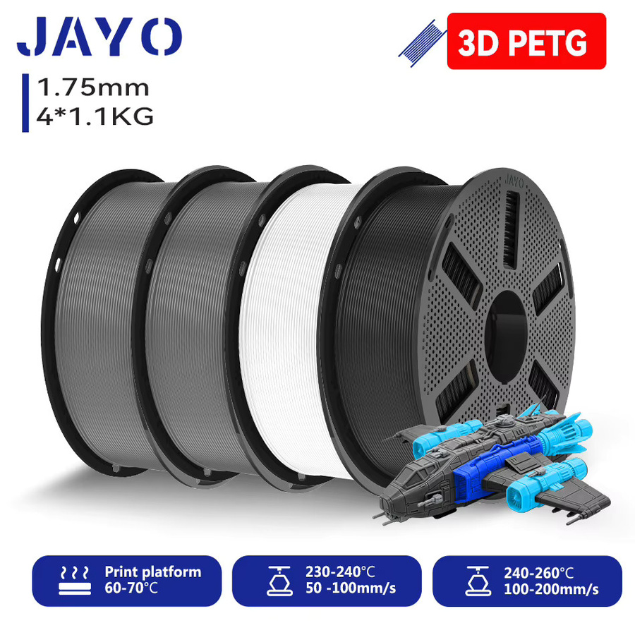 JAYO 3D-Druckerfilament 1,75mm aus PETG, PLA und PLA Plus für FDM-Drucker und 3D-Stifte, 4,4 kg, Farben: Grau, Schwarz, Weiß - Bild 6