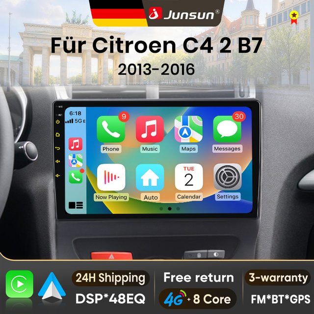Junsun Android 15 Autoradio mit 10 Zoll IPS-Bildschirm und kabellosem Apple CarPlay für Citroen C4 C4L DS4 B7, Farbe: Schwarz - Bild 1