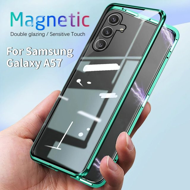 Magnetische Klapphülle mit doppelseitig gehärtetem Glas für Samsung Galaxy S26 S25 Ultra A17 A37 A57 A16 A36 A56 in Blau oder Grün - Bild 1