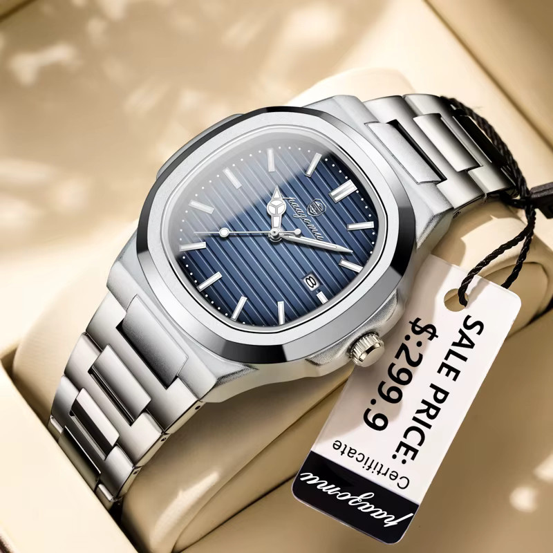 PAAZOMU Armbanduhr, Quarz, Edelstahl, Eckig, Blau, Herren - Bild 4