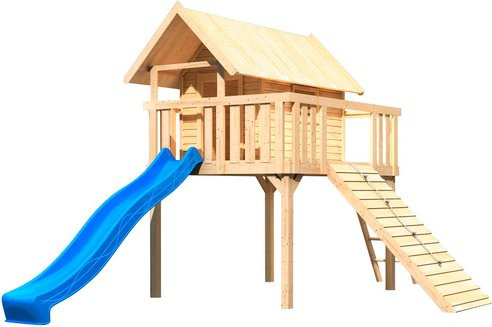 Karibu Stelzenhaus Fidel Set in Natur mit blauer Wellenrutsche und Holzrampe, Spielturm B/H/T: 198 x 329,5 x 243 cm - Bild 3