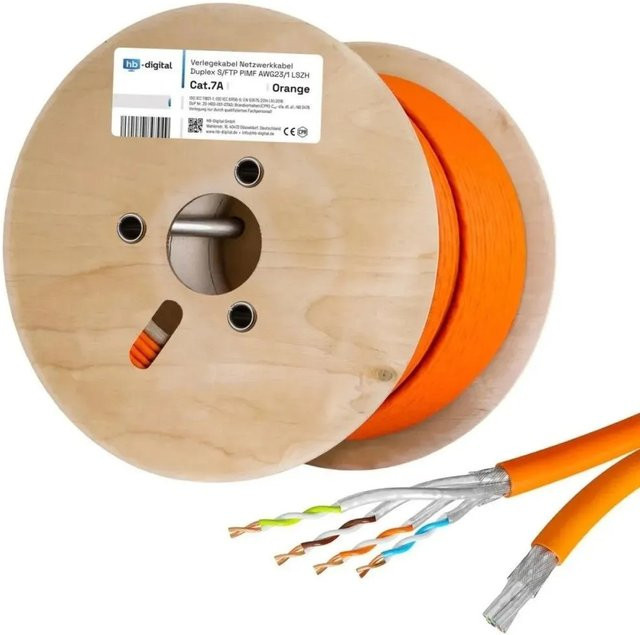 hb-digital CAT 7a Verlegekabel Duplex Installationskabel S/FTP AWG23 LSZH 1200 MHz Orange 500m - Bild 1